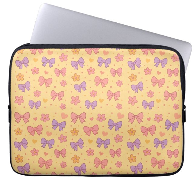 Pastel Bows & Flowers Pattern – Cute Yellow Girly Laptop Sleeve (Front)