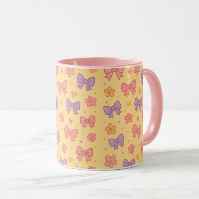 Pastel Bows & Flowers Pattern – Cute Yellow Girly Mug (Front Right)