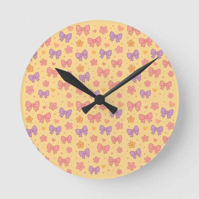 Pastel Bows & Flowers Pattern – Cute Yellow Girly  Round Clock (Front)