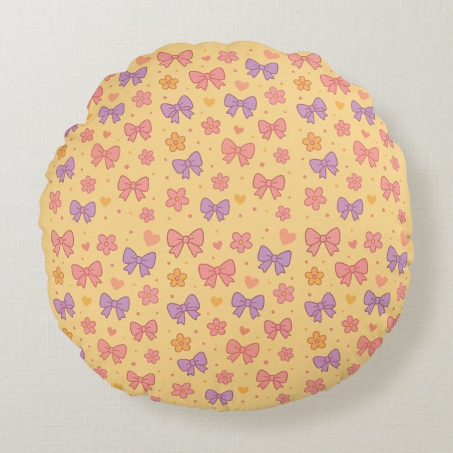 Pastel Bows & Flowers Pattern – Cute Yellow Girly  Round Pillow (Front)