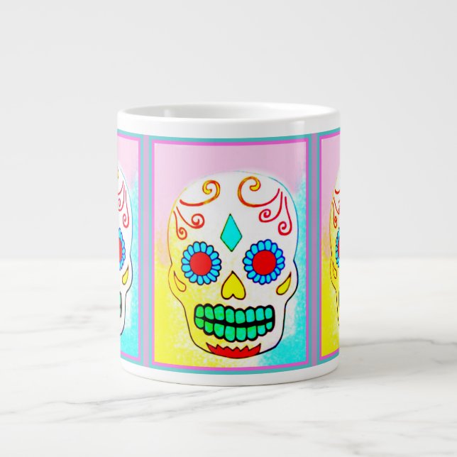 PASTEL BRIGHT SUGAR SKULL PRINT GIANT COFFEE MUG (Front)