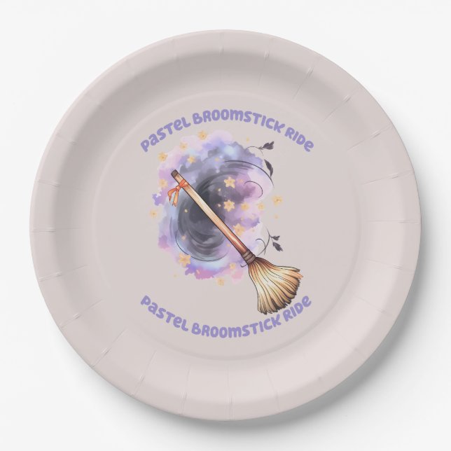 Pastel Broomstick Ride – Whimsical Witch Broom Paper Plates (Front)