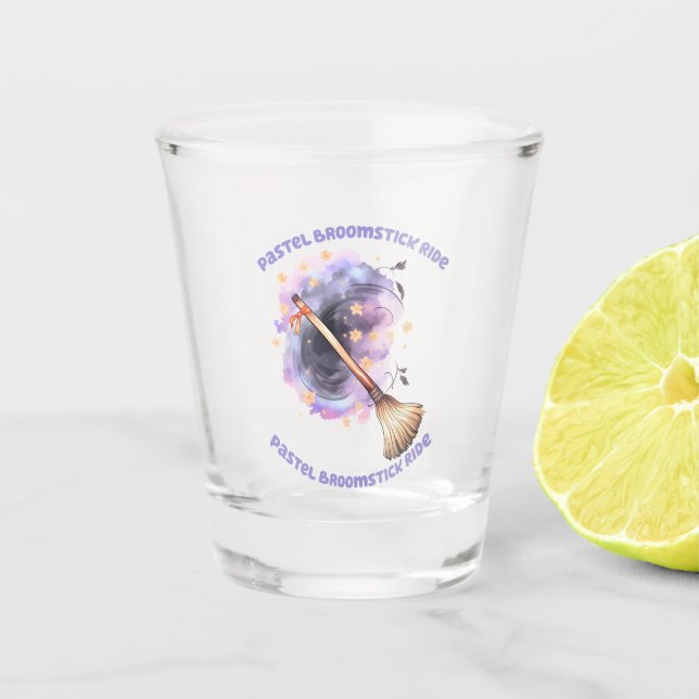 Pastel Broomstick Ride – Whimsical Witch Broom Shot Glass (Front)
