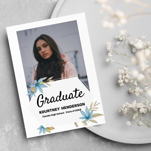 Pastel brown blue flower Photo Graduation Party Invitation