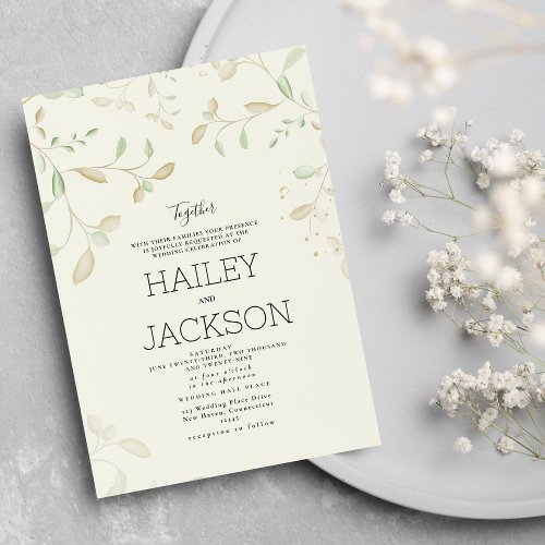 Pastel brown mint green watercolor leaves wedding invitation