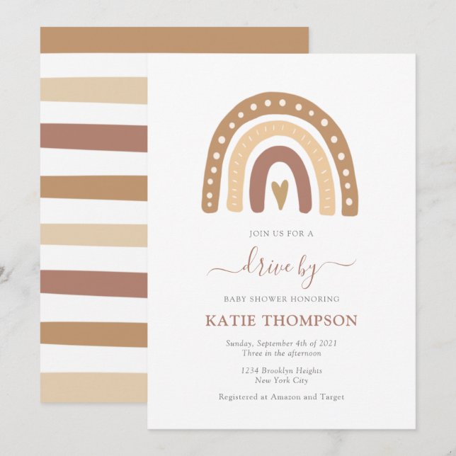 Pastel Brown Rainbow Boho Drive By Baby Shower Invitation (Front/Back)