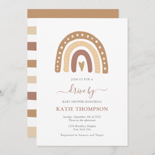 Pastel Brown Rainbow Boho Drive By Baby Shower Invitation