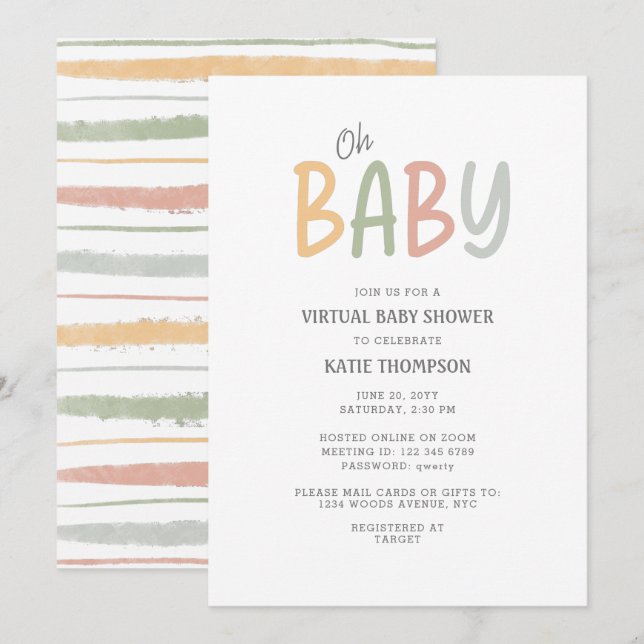 Pastel Brush Strokes Oh Baby Virtual Baby Shower Invitation (Front/Back)