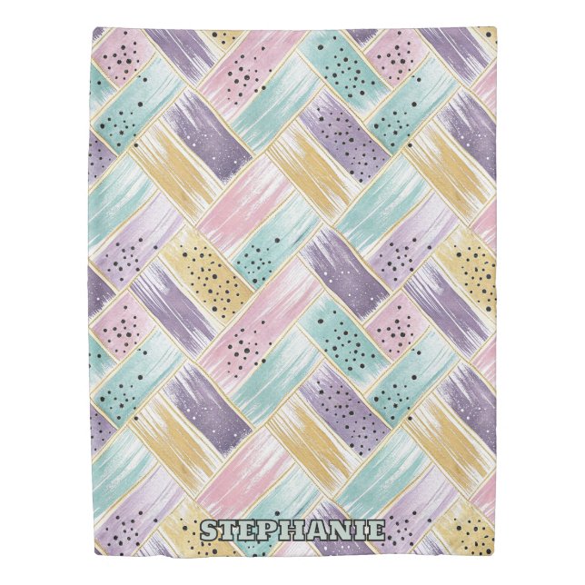 Pastel Brushstroke & Gold Crisscross Abstract Duvet Cover (Front)