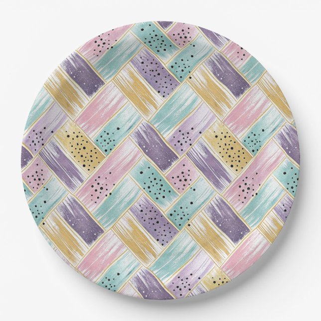 Pastel Brushstroke & Gold Crisscross Abstract Paper Plates (Front)