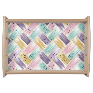 Pastel Brushstroke & Gold Crisscross Abstract Serving Tray