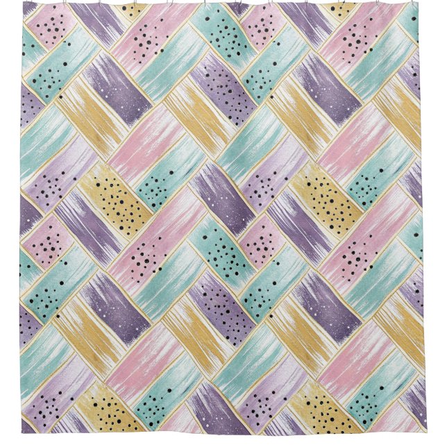 Pastel Brushstroke & Gold Crisscross Abstract Shower Curtain (Front)