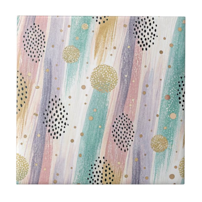 Pastel Brushstroke & Gold Geometric Abstract Ceramic Tile (Front)