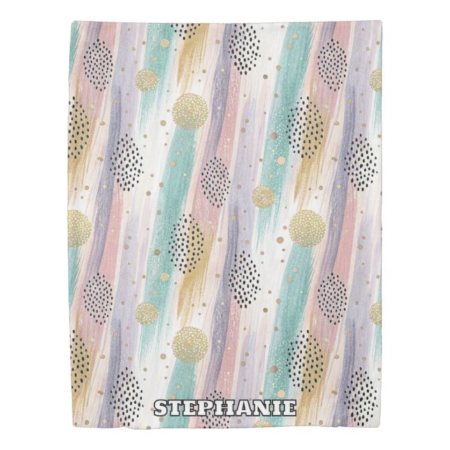 Pastel Brushstroke & Gold Geometric Abstract Duvet Cover (Front)