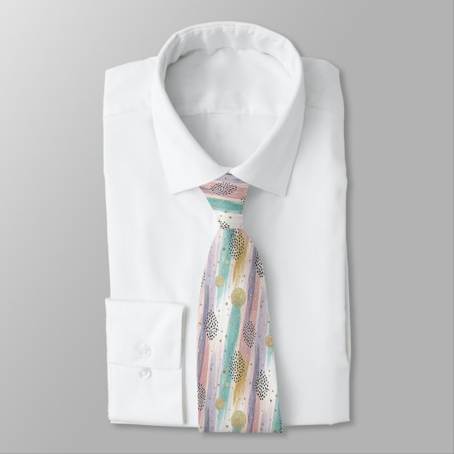 Pastel Brushstroke & Gold Geometric Abstract Neck Tie (Tied)