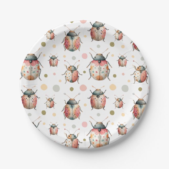 Pastel Bugs Cute Insect Pattern Watercolor Beetles Paper Plates (Front)