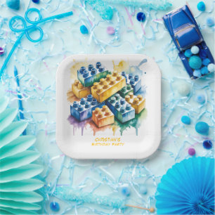 Pastel Building Block Splash Boy Birthday Party Paper Plates