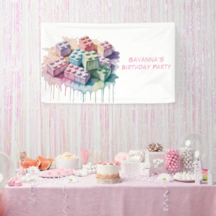 Pastel Building Block Splash Girl Birthday Party Banner