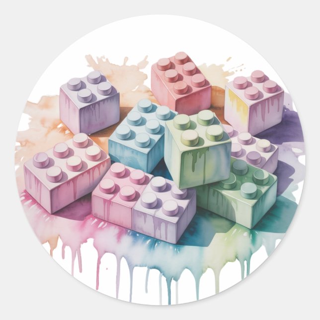 Pastel Building Block Splash Girl Birthday Party Classic Round Sticker (Front)
