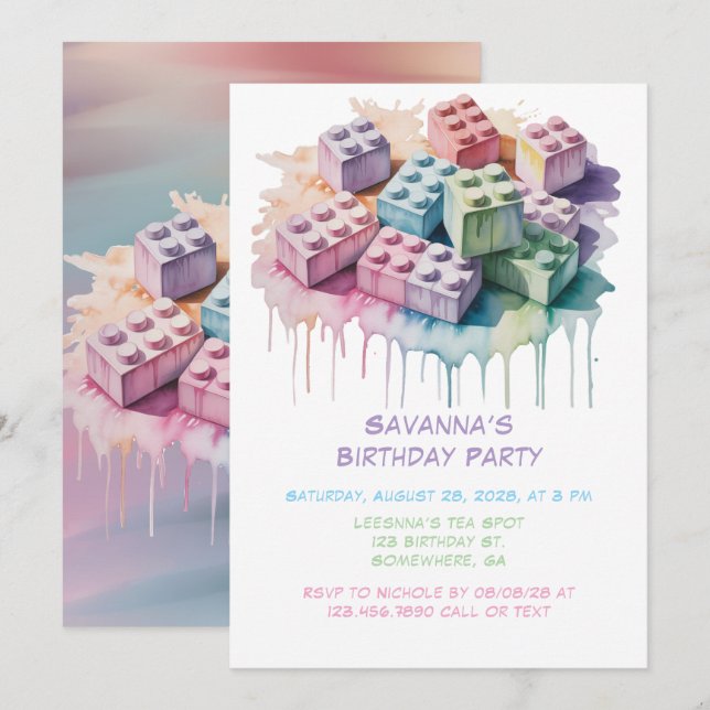Pastel Building Block Splash Girl Birthday Party Invitation (Front/Back)