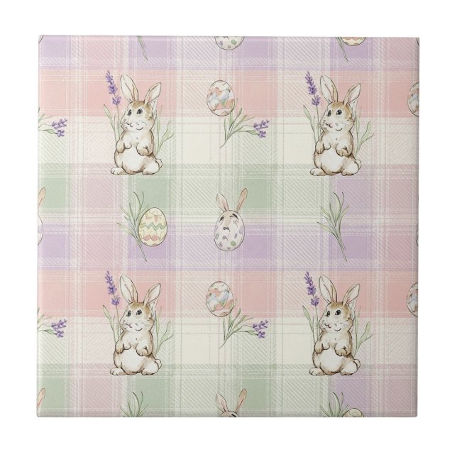 Pastel Bunny Egg Gingham Spring Pattern Ceramic Tile (Front)
