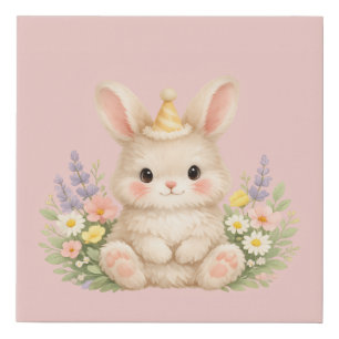 Pastel Bunny Wildflower Illustration Faux Canvas Print