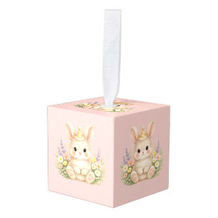 Pastel Bunny Wildflower Illustration for a Magical Cube Ornament