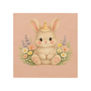 Pastel Bunny Wildflower Illustration Wood Wall Art