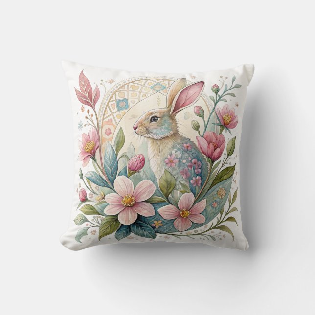 Pastel Bunny with Flowers Throw Pillow (Front)