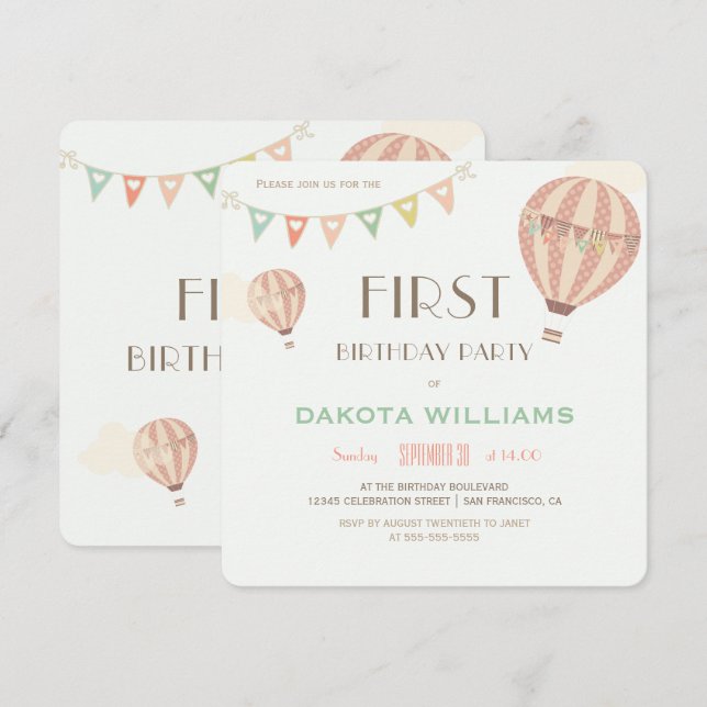 Pastel Bunting & Hot Air Balloons | First Birthday Invitation (Front/Back)