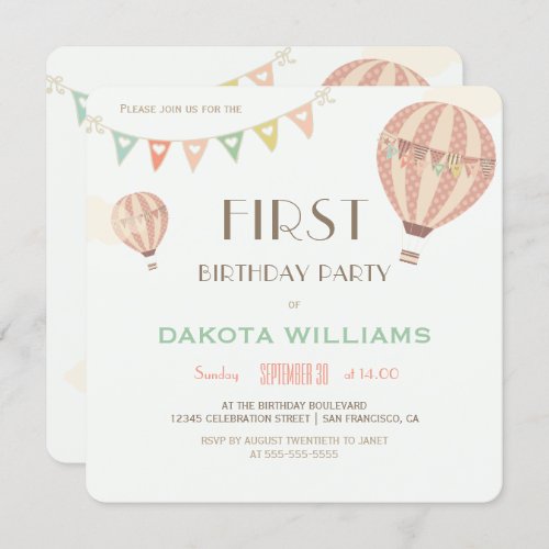 Pastel Bunting  Hot Air Balloons  First Birthday Invitation
