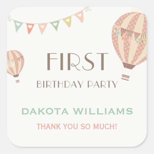 Pastel Bunting  Hot Air Balloons  First Birthday Square Sticker