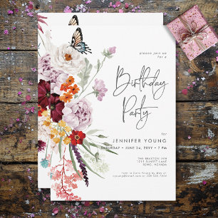 Pastel & Burgundy Blooms Modern Floral Birthday Invitation