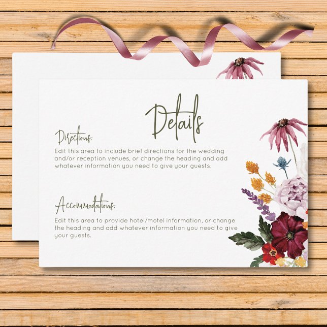 Pastel & Burgundy Blooms Modern Floral Details Enclosure Card (Pastel & Burgundy Blooms Modern Floral Details Enclosure Card)