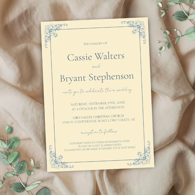 Pastel Butter Yellow Dusty Blue Minimal Wedding Invitation (Elegant butter yellow and dusty blue simple vintage wedding invitation for old money romantic event)