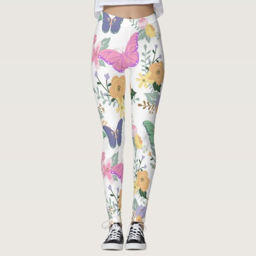 Pastel Butterflies and flowers Leggings