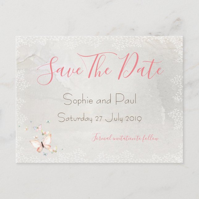 Pastel Butterflies Design Save The Date Postcards (Front)