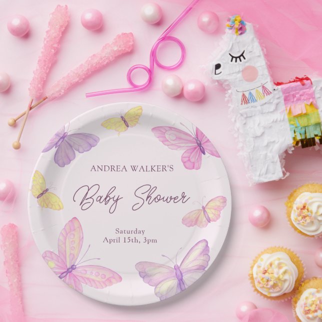 Pastel Butterflies Pink Purple Baby Shower Paper Plates (Party)