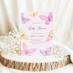 Pastel Butterflies Pink Purple Elegant Baby Shower Invitation