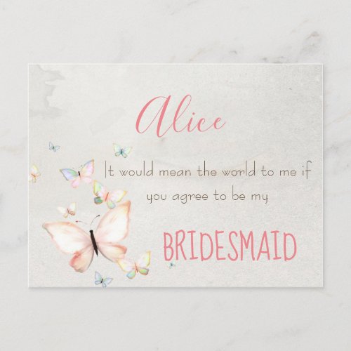 Pastel Butterflies Will you Be My Bridesmaid Invitation Postcard