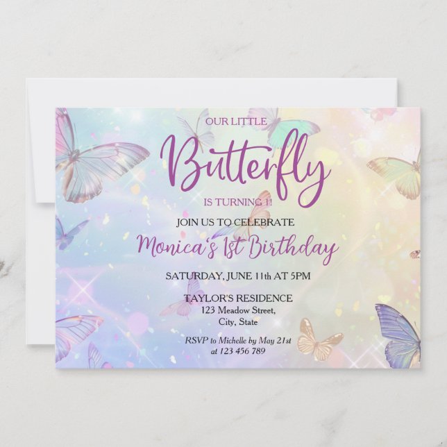 Pastel Butterfly Baby Girl's 1st Birthday  Invitation (Front)