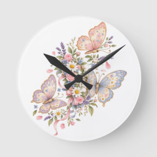 Pastel Butterfly Birthday Garden Round Clock