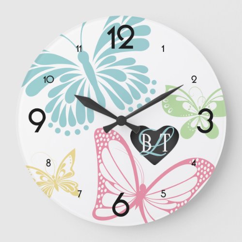 Pastel butterfly butterflies monogram personalized large clock