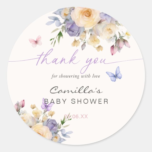 Pastel Butterfly Floral Thank You Baby Shower Classic Round Sticker (Front)
