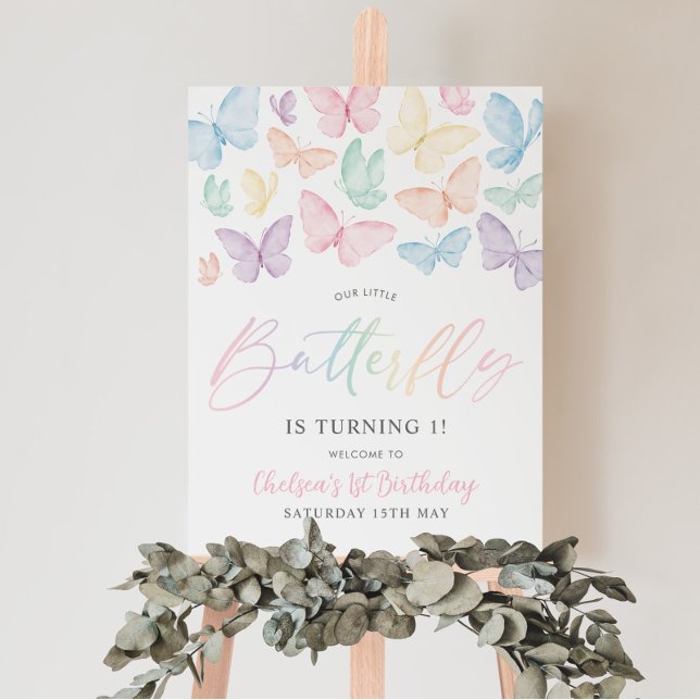 Pastel Butterfly Girl's 1st Birthday Rainbow Party Foam Board (Pastel Rainbow Butterfly 1st Birthday Welcome Sign | Matching items available)