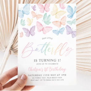 Pastel Butterfly Girl's 1st Birthday Rainbow Party Invitation