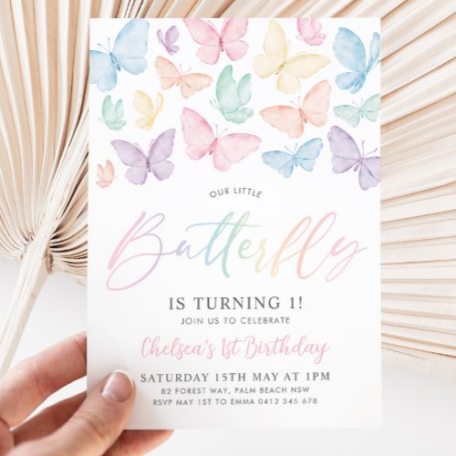 Pastel Butterfly Girls 1st Birthday Rainbow Party Invitation