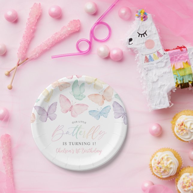 Pastel Butterfly Girl's 1st Birthday Rainbow Party Paper Plates (Party)