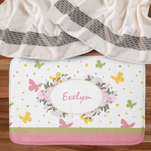 Pastel Butterfly Pattern with Flowers and Name Bat Bath Mat