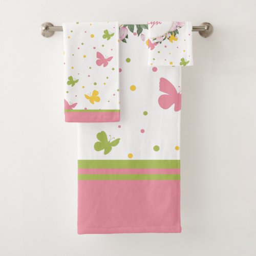 Pastel Butterfly Pattern with Flowers and Name Bath Towel Set